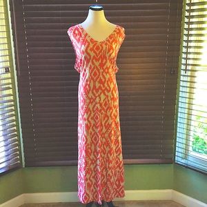 Belted V-Neck Coral/Cream Maxi Dress